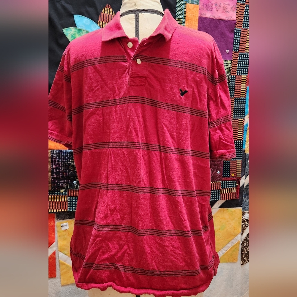 American Eagle, 100% cotton, red and blue striped polo (medium)